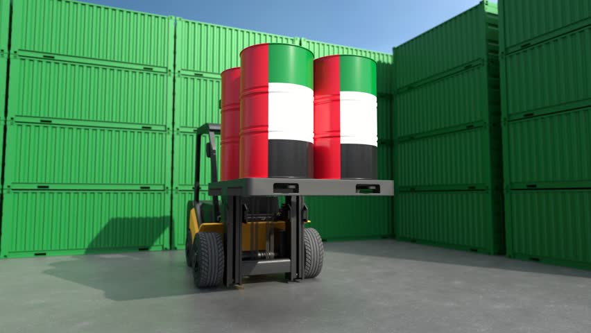 Oil trade and energy export from United Arab Emirates with cargo containers. 3D Render
