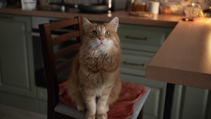 Adorable fluffy ginger cat with beautiful green eyes sitting on a wooden chair at a kitchen table. The cute domestic pet is attentively watching and following something with curiosity