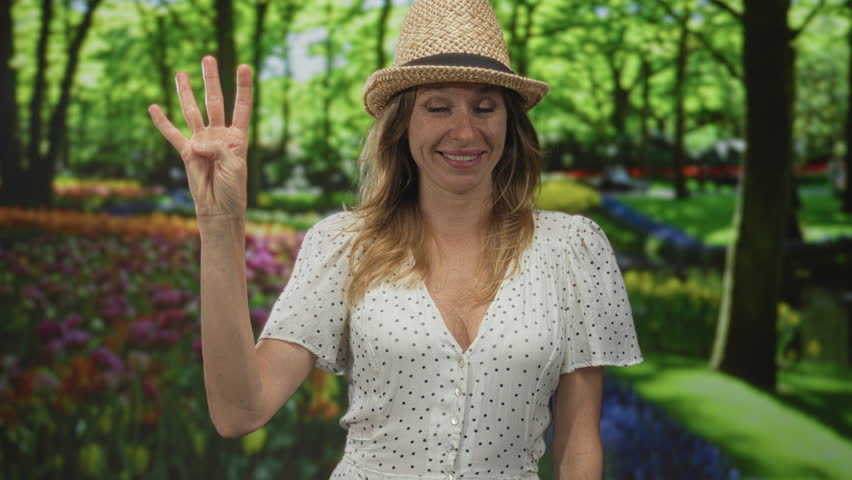 Woman counting on fingers with raised hand wearing straw hat and polka dot dress in green park; playful joy.