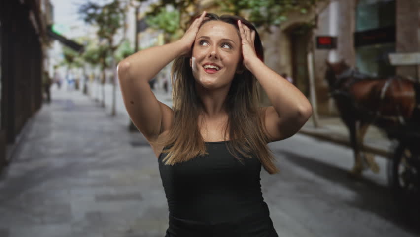 Woman touching hair with right hand and resting left hand on neck while smiling and looking up on street lined with trees and parked carriage; confidence ease.