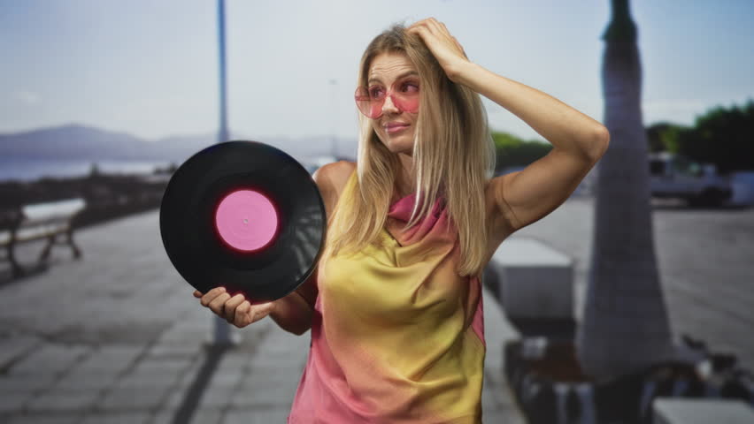 Blonde woman holds vinyl record with one hand and scratches head with the other on a sunny street promenade by the sea; playful retro.