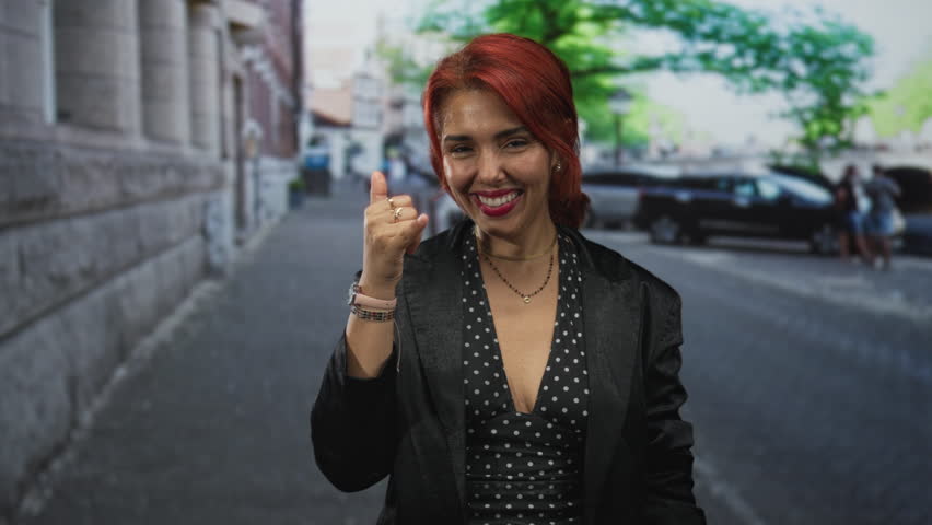 Woman showing thumbs up with exposed hand and smiling on a cobblestone street with parked cars and trees; urban confidence.