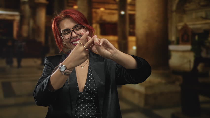 Woman with red hair and glasses showing hands making a hashtag gesture and smiling inside church building with columns and altar; joy.