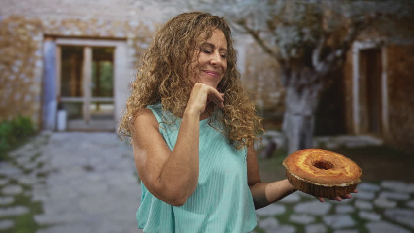 Woman smiling and holding sponge cake with hand to chin, curly hair, in stone building courtyard; homemade warmth.