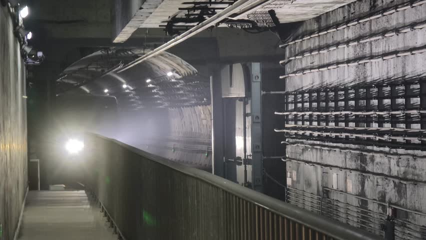 Train arriving at subway station, Beijing, China. 