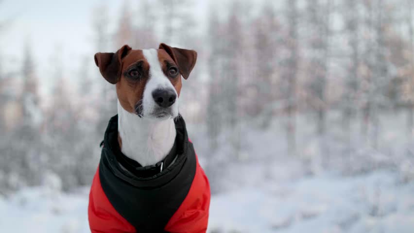 A dog stands in a snowy area wearing a red coat. It looks around while snow covers the ground.