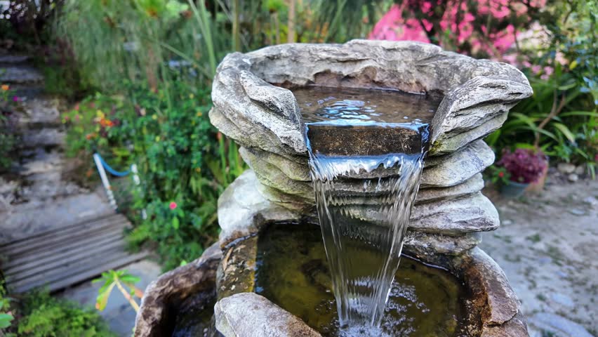 Natural spring water flowing on a stone fountain in a lush tropical forest garden, peaceful greenery and serene retreat with rustic cabins in Venezuela, South America.