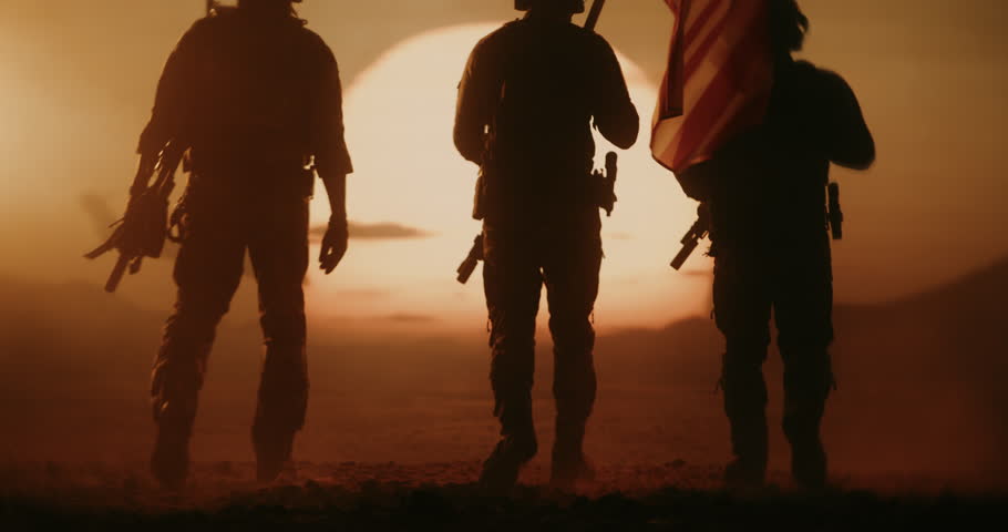 Three Armed Soldiers Walk Desert at Sunset, Holding American Flag, Air Forces in Background. Frontline Security, Peacekeeping Duty, Heroic Valor, Freedom Fighting Warfare. Cinematic Sunset