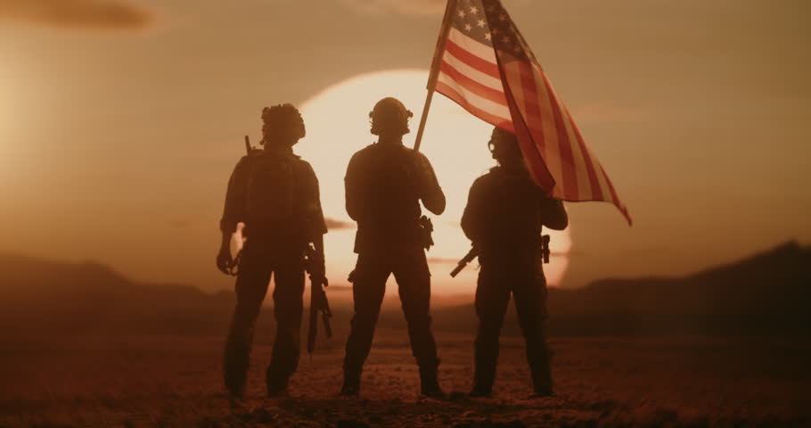 Three Silhouetted Male Soldiers Hold Position, Raising the American Flag and Wave as Helicopters Air Force Fly. Tactical Warfare, Heroic Valor, Peace Mission Defending Freedom Through Conflict.