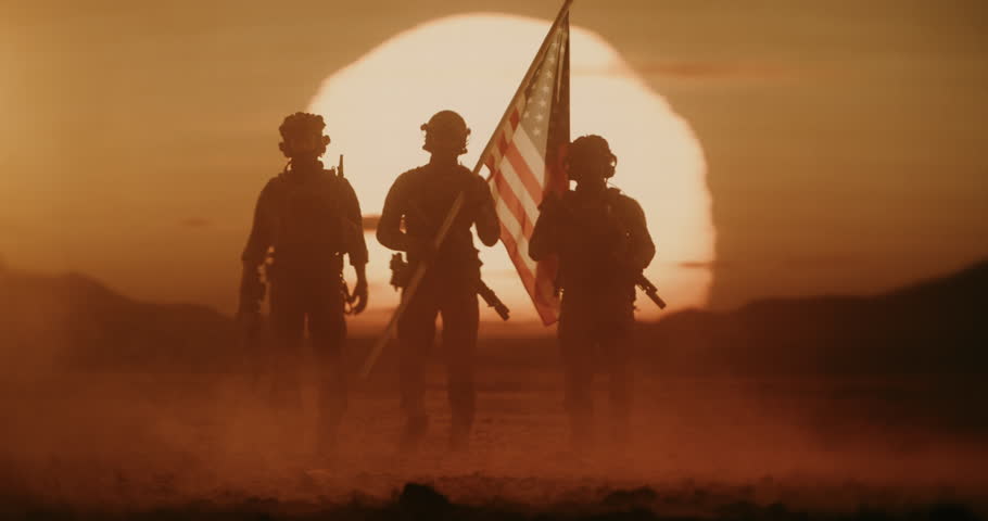 Three Armed Soldiers Stride Through Desert Cinematic Sunset, One Bearing the American Flag as a Helicopter Lifts Behind Them. Patrioticl USA Freedom Defense, Peace Mission During War Conflict.
