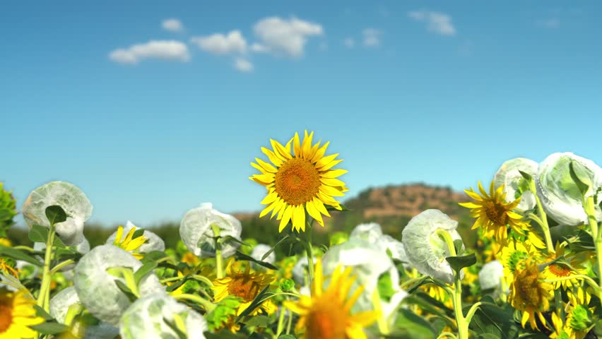 Close-Up of Sunflower Swaying in a Gentle Breeze. Detailed close-up shot of a sunflower moving slightly with the wind on a sunny day in a natural field.