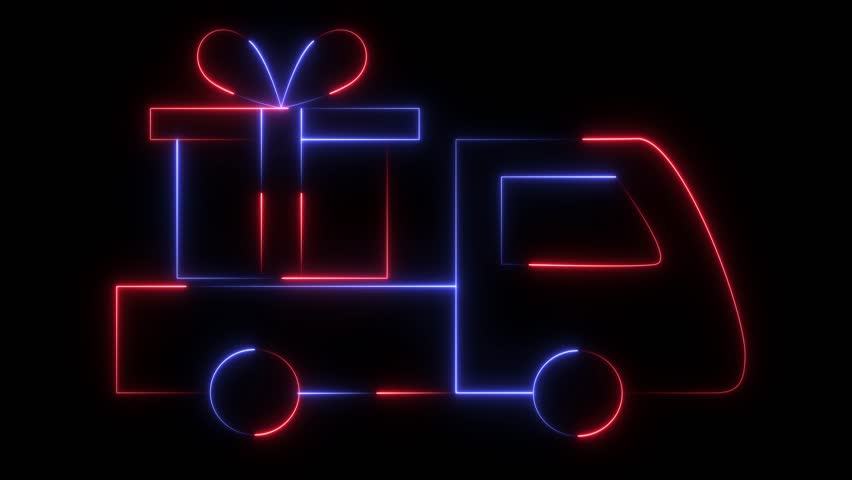  A neon-style illustration of a delivery truck carrying a large gift box. 