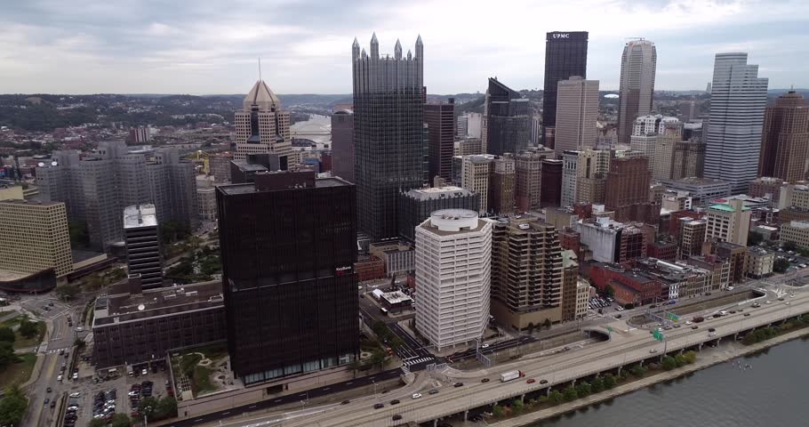 Pittsburgh Cityscape, Pennsylvania. Business District, Downtown. Skyscrapers in Background. Drone Point of View