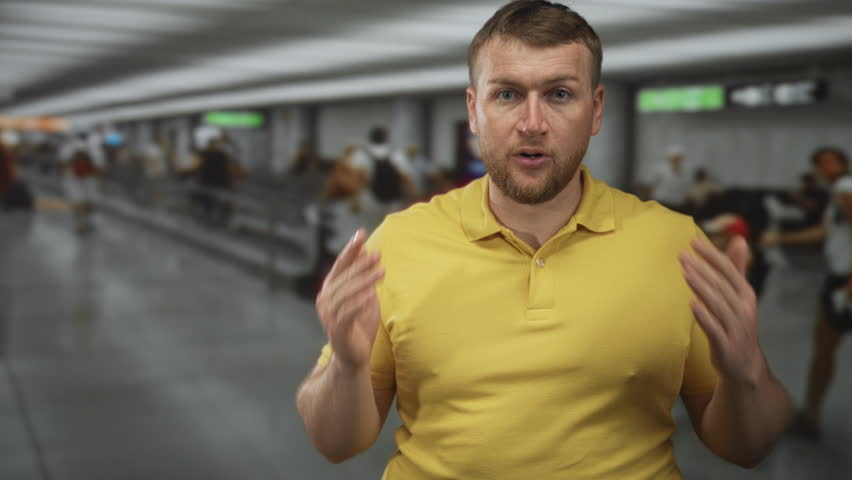 Man in yellow polo gesturing with hands in a crowded airport terminal, pointing and speaking with open palms; curiosity explanation.