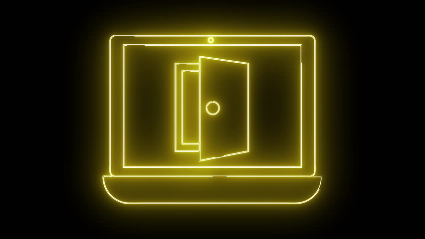 A glowing yellow neonstyle laptop with an open door on the screen set against a black backdrop