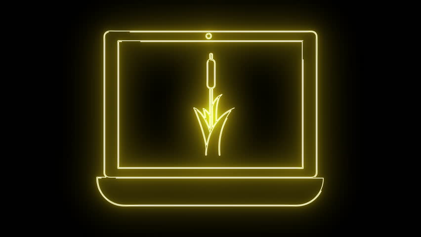 A laptop with a neonyellow outline displays a cattail icon on a black screen