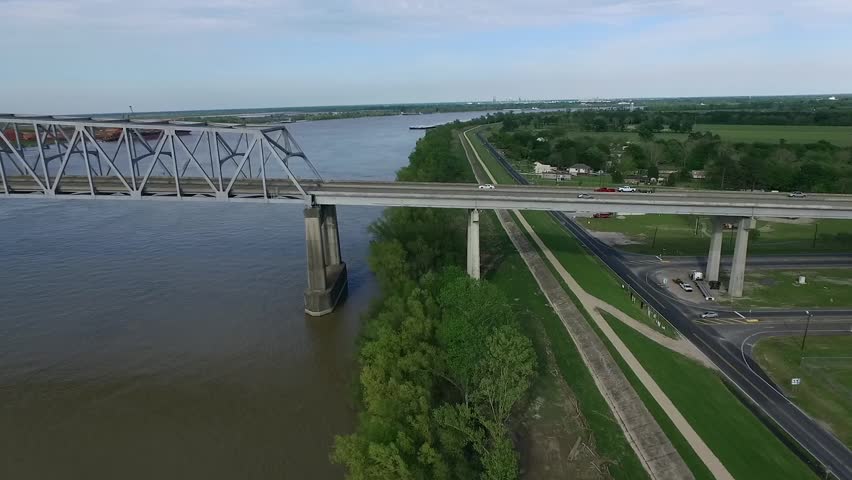 Veterans Memorial Bridge Gramercy Bridge in Louisiana, Mississippi River in Background. Drone
