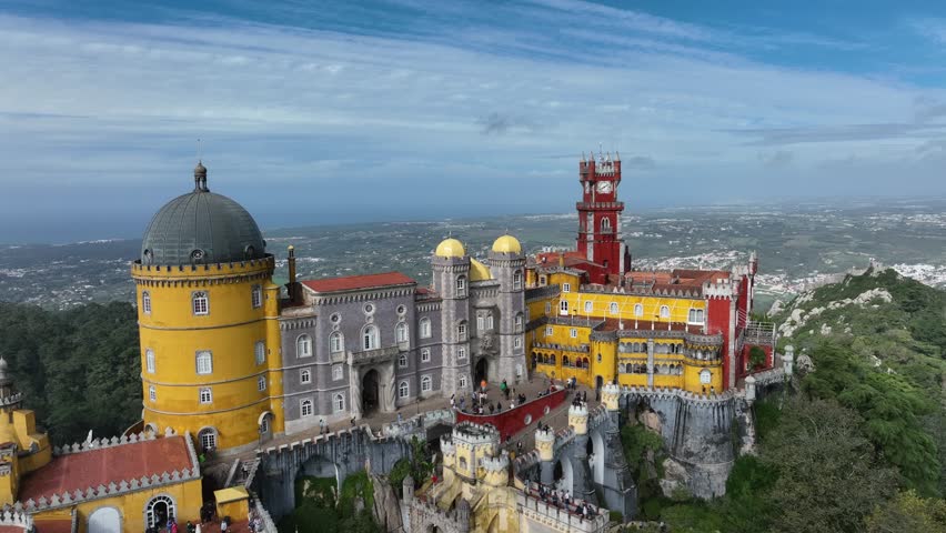 Palace of Pena in Sintra. Lisbon, Portugal. Part of cultural site of Sintra City. Drone Point of View. 4k.