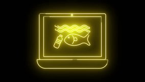 A neon yellow laptop displays a fish plastic bottle and wavy lines - Powered by Shutterstock - Get 15% off with code: PIKWIZARD15