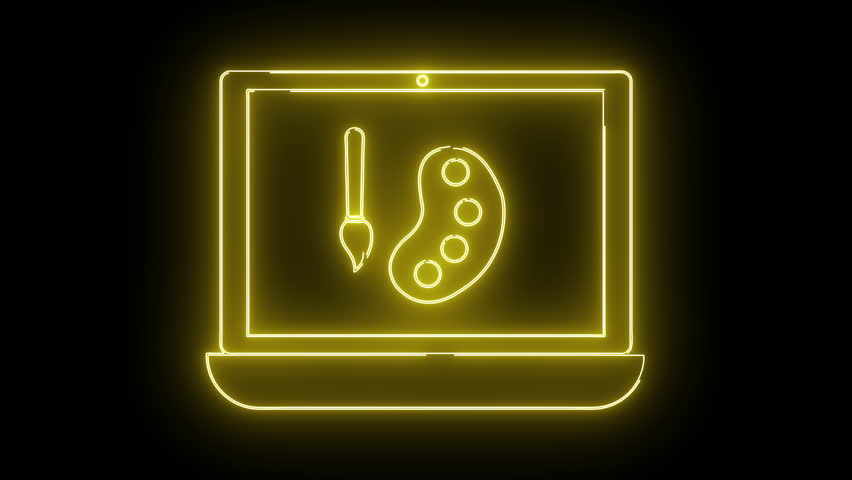 Glowing yellow neon outline of a laptop with a paintbrush and palette on the screen set against a solid black background