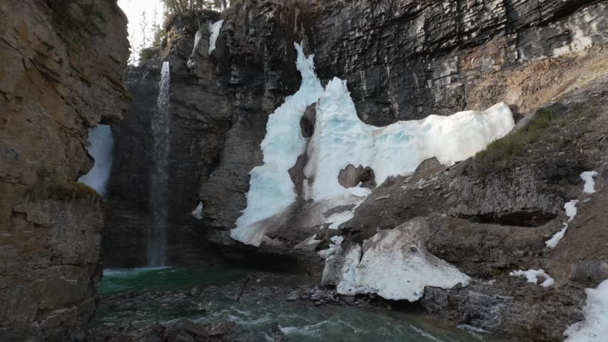 Upper Falls in Johnston Canyon with frozen ice in Banff National Park