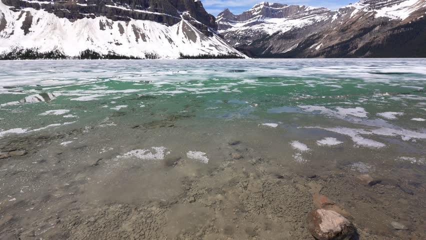 Frozen Bow Lake showing ice melting with snow capped mountains and blue sky in Banff National Park