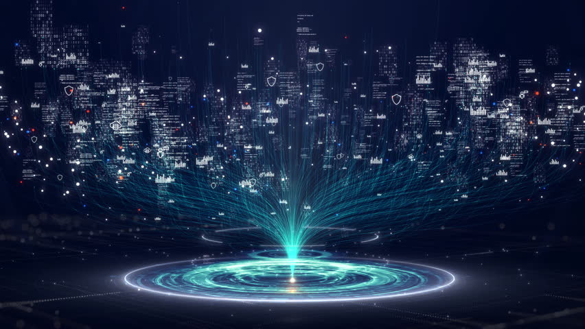 Big Data Analytics Concept. Conceptual Visualization represents artificial intelligence, And Global Network Connections Rising From Central Data Hub. Ideal For Cloud Computing, Cybersecurity, Fintech.