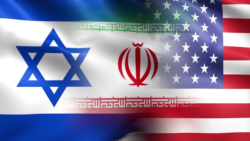 The flags of Israel, Iran, and the United States fly, overlapping each other. This illustrates the political, trade, and conflict relationships between these countries.