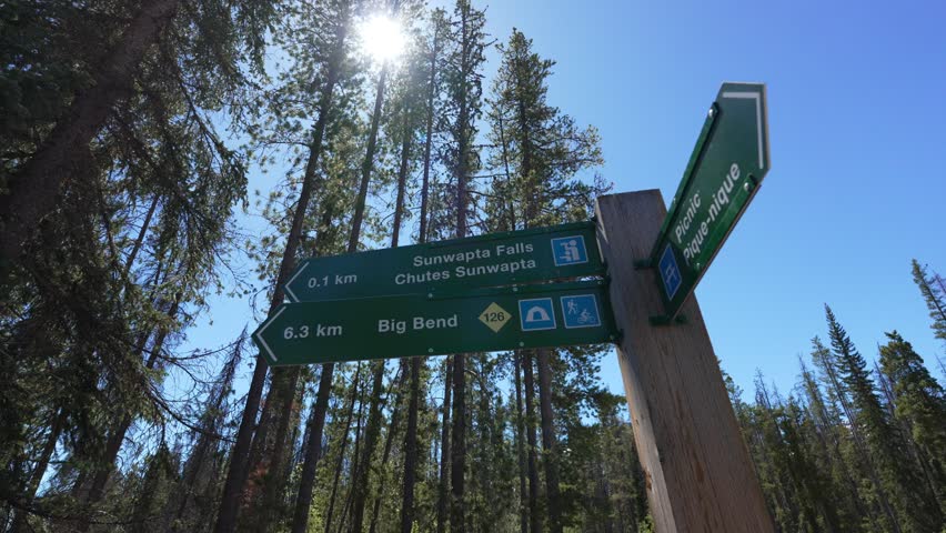 Green outdoor signpost showing directions to Sunwapta Falls Big Bend and a picnic area in a forest