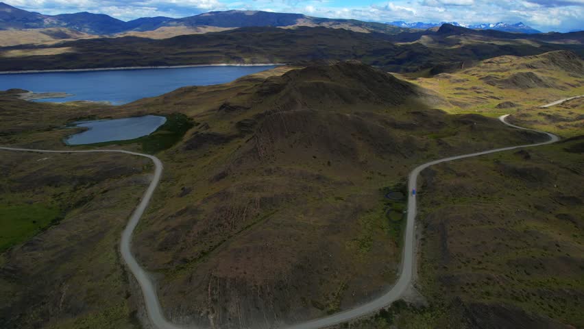 Drone Aerial Of Winding Road In Patagonia Landscape