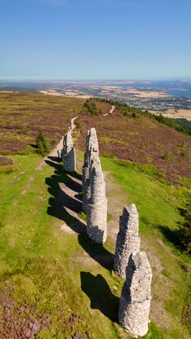 Cinematic Drone Aerial View of Fyrish Monument with Purple Heather in Bloom, Historic Stone Arches on Fyrish Hill Overlooking Cromarty Firth, Scottish Highlands Landscape, Evanton, Scotland, UK.