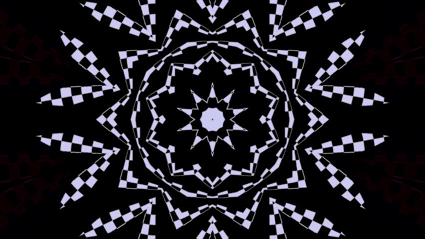 Symmetrical kaleidoscope motif with blue diamond shapes forming a glowing geometric pattern on a black background.