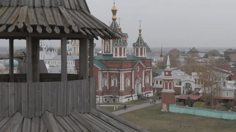 Aerial Side Flight along Kolomna Cathedral Ensemble