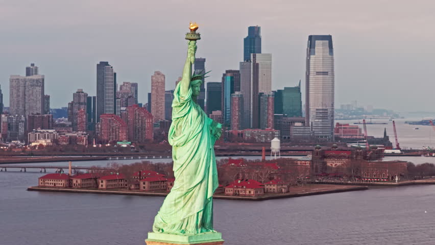 Famous symbol in New York City skyline. Liberty statue and New York City skyline. NYC panorama with iconic America statue Liberty. New York landscape view with New York City statue.