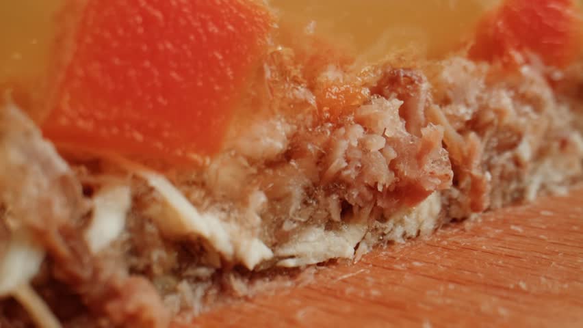 Meat aspic, slavic food, Traditional Russian pork meat aspic Kholodets with horseradish, mustard, jellied jelly beef, eating in restaurant chicken tasty dish. Close up on kitchen. 