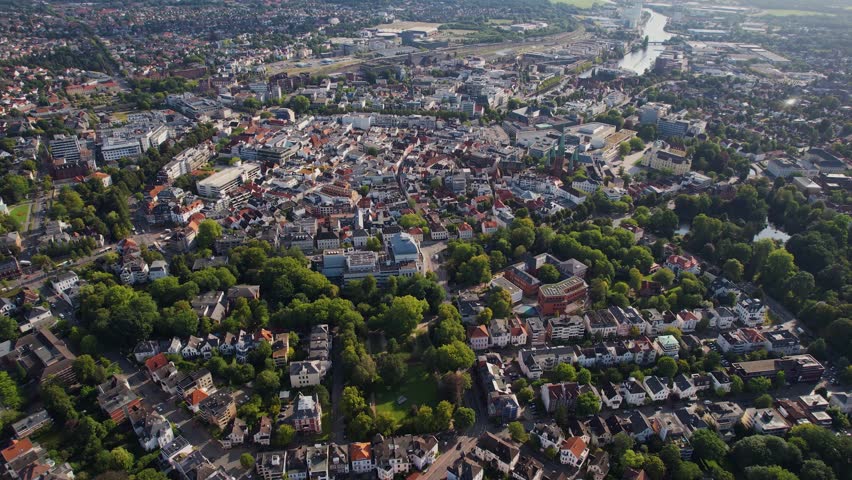 Aerial wide view of the old town around the city Oldenburg on a sunny morning in summer in Germany.