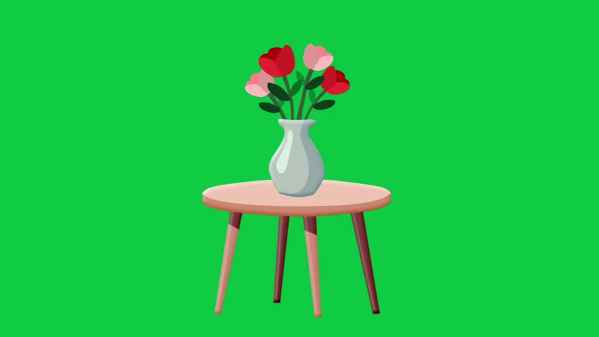 2D Animated Flower Vase on Table with Roses for Romantic Interior Theme