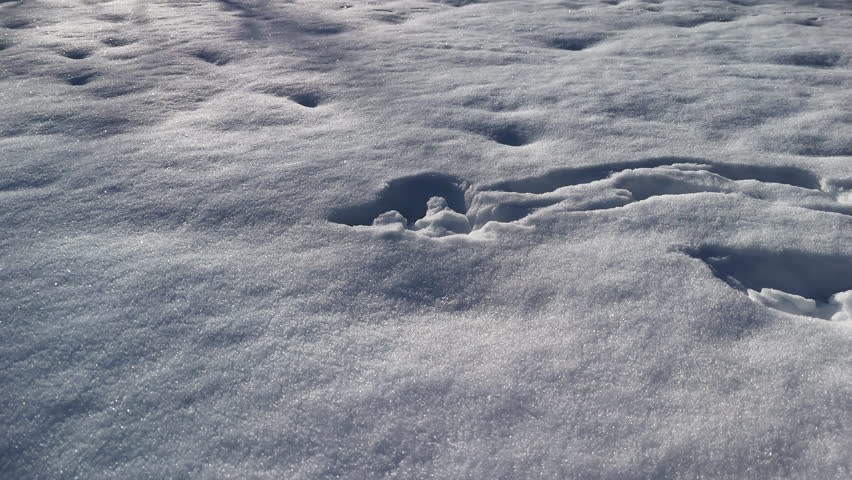 Close-up aerial view of textured snow surface forming soft winter patterns. Drone camera moves slowly forward above frozen ground creating abstract seasonal background.