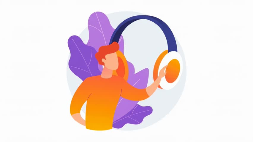 A vibrant illustration featuring a man holding headphones, surrounded by abstract purple and green leaves, set against a white background.