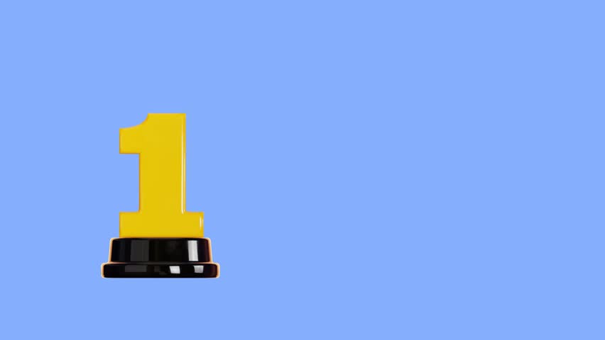 Professional 4K 3D animation featuring a glossy yellow number one trophy bouncing and rotating on a light blue background, symbolizing victory and accomplishment.
