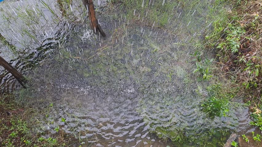 Rain pouring down during a rainy day creating a dramatic weather atmosphere outdoors.