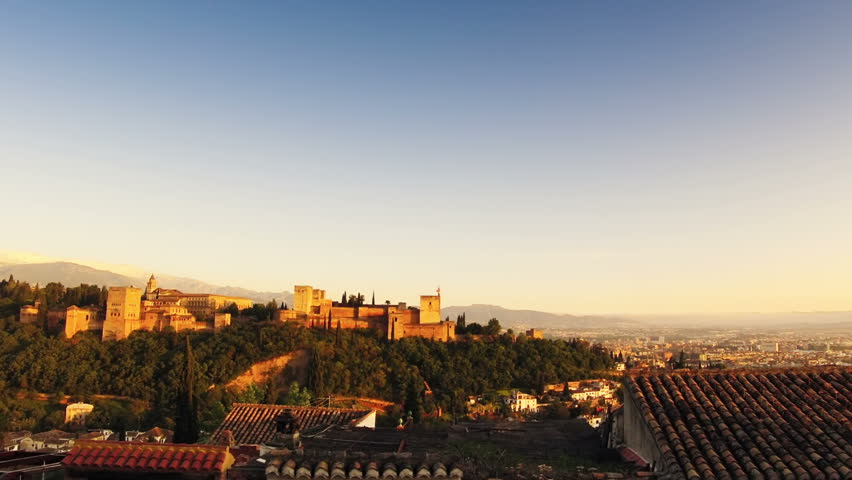 Spain. Granada. Alhambra fortress. Sunset. Timelapse