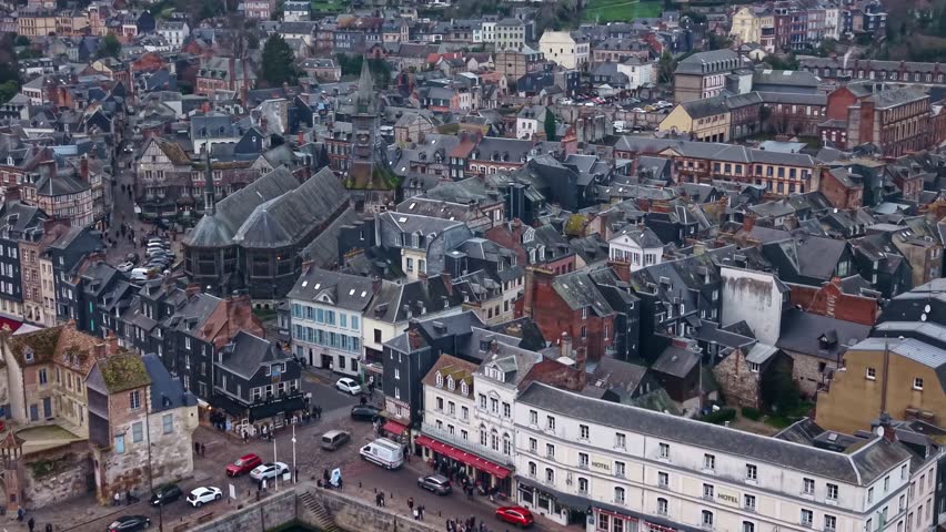 Timber-framed half-timbered roofs surrounding Église Sainte-Catherine wooden church, Place Sainte-Catherine, Honfleur commune, Lisieux arrondissement, Calvados department, Normandy France, aerial shot