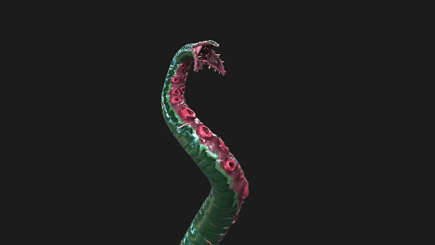 3D Illustration of Monstrous deep-sea tentacle featuring sharp teeth, pink suckers, and slimy green skin. Ideal for horror and sci-fi projects.