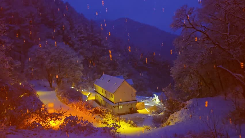 Cinematic shot of heavy snow falling over a cozy forest house with warm golden lights at night in South Korea.
