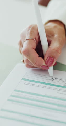 Hand, signature and woman in office, documents for compliance or recruitment process. Person, candidate or business contract for job agreement, writing or legal paperwork for company policy or hiring