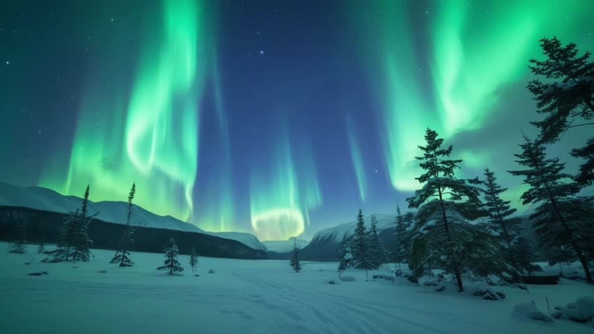 The bright green Aurora Borealis dances across the dark blue sky studded with stars, creating a dramatic vertical curtain of light.