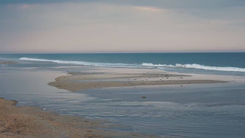 Gentle ocean waves roll onto a sandy shoreline with shallow tidal pools and exposed sandbars under a calm sky.