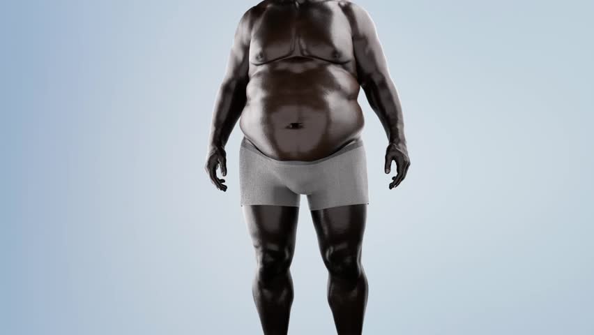 Black man burn belly fat, lose weight, fitness and body shaping by fat cell burning, well-defined muscle lines, obese people become slimmer and healthy, body management, 3d rendering. Alpha channel.