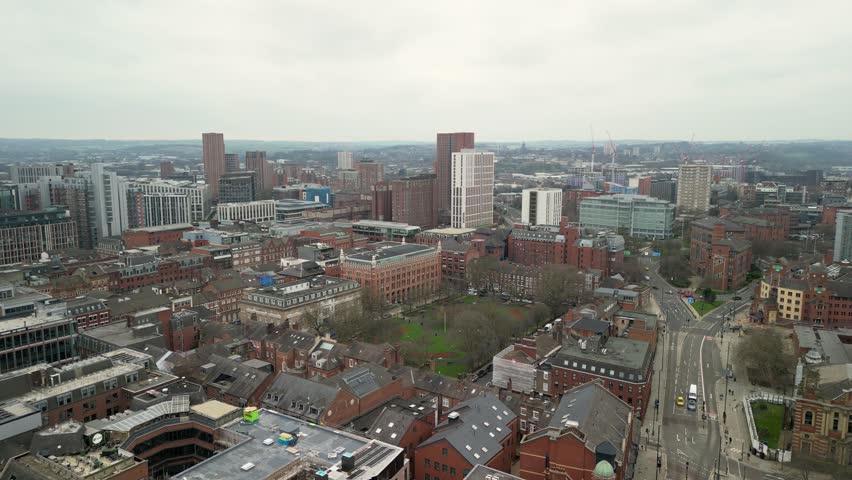 High Angle Stationary View of Park Square Lawns and Surrounding Stately Georgian Buildings, Leeds UK